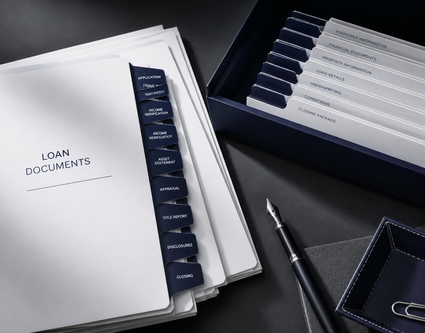 Organized mortgage loan file with tabbed dividers on a desk